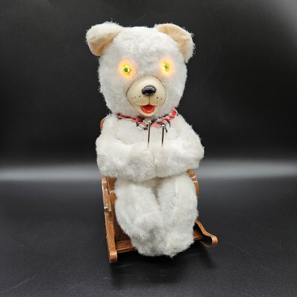 VTG Halloween Prop Creepy Bear on Rocking Chair Green Eyes Light Up Glow Japan